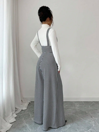 Overalls for Women's Winter Jumpsuit Black White Vintage Wide Leg Suspender Pants for Office Commute Casual Female Clothing