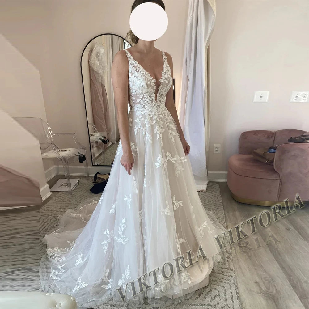 VIKTORIA Fashionable A-line Wedding Dresses for Women Sweetheart Long Sleeves Pleat Appliques Zipper Robe De Soiree De Mariage