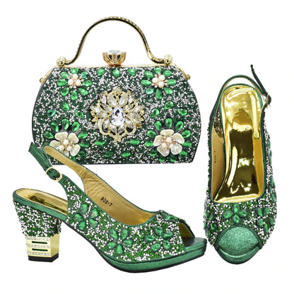 New Arrival Nigerian Party Shoes with Bag Set Decorated with Rhinestone Shoes for Women 2026 Designer Luxury Wedding Shoes Bride