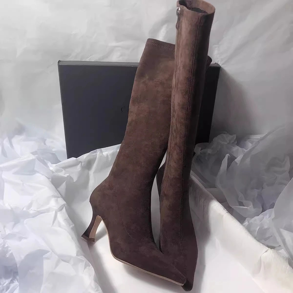 High Heels Women High Boots Suede Pointed Toe Elegant Knee High Shoes Woman Trend Fashion Sexy Pumps Party Chelsea Boots Mujer
