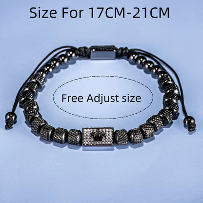 [Micro-Set Bead Bracelet] Luxury Micro-Set Square Crown Bead Adjustable Size Men's Gorgeous Braided Bracelet