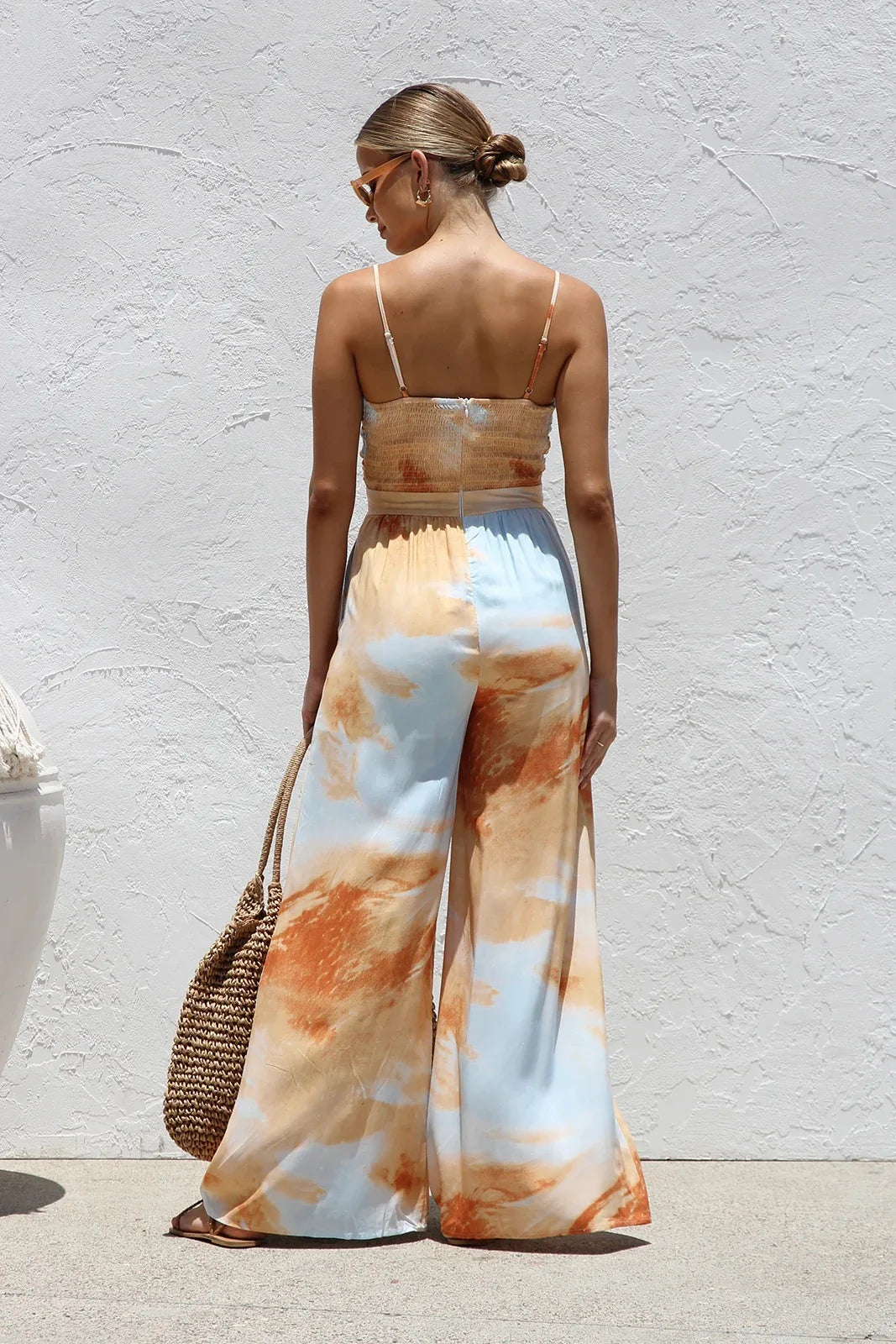 Summer New Print Spaghetti Strap jumpsuits Women Sexy Low Cut Bowknot Bowknot High Waist Wide Leg Jumpsuit Vacation Style Female