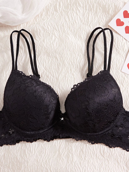 Women's Sexy Lingerie Set Lace Patchwork Solid Color Bowknot Rhinestone Embellished Push-Up Double Shoulder Strap Unlined Comfortable Underwear, Lace Semi-Transparent Breathable Panties