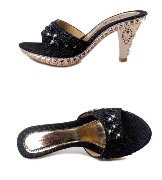 Summer Women Sandals Rhinestone Women Shoes Sexy High Heels Shoe Ladies Sandalias Gold Silver Women Slippers Heeled Sandals Sexy