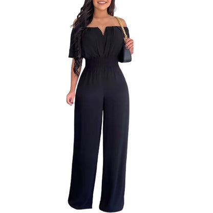 Summer New Women Sexy One Line Shoulder Solid Color Short Sleeve Jumpsuit Slim Elastic Waist Loose Straight Female Long Jumpsuit