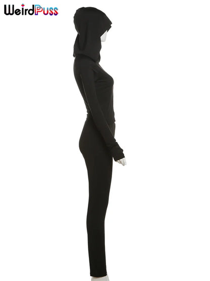 Weird Puss Sporty Casual 2 Piece Set Women Tracksuit Hooded Zip Crop Tops+Leggings Fitness Soft Stretch Streetwear Activity Suit