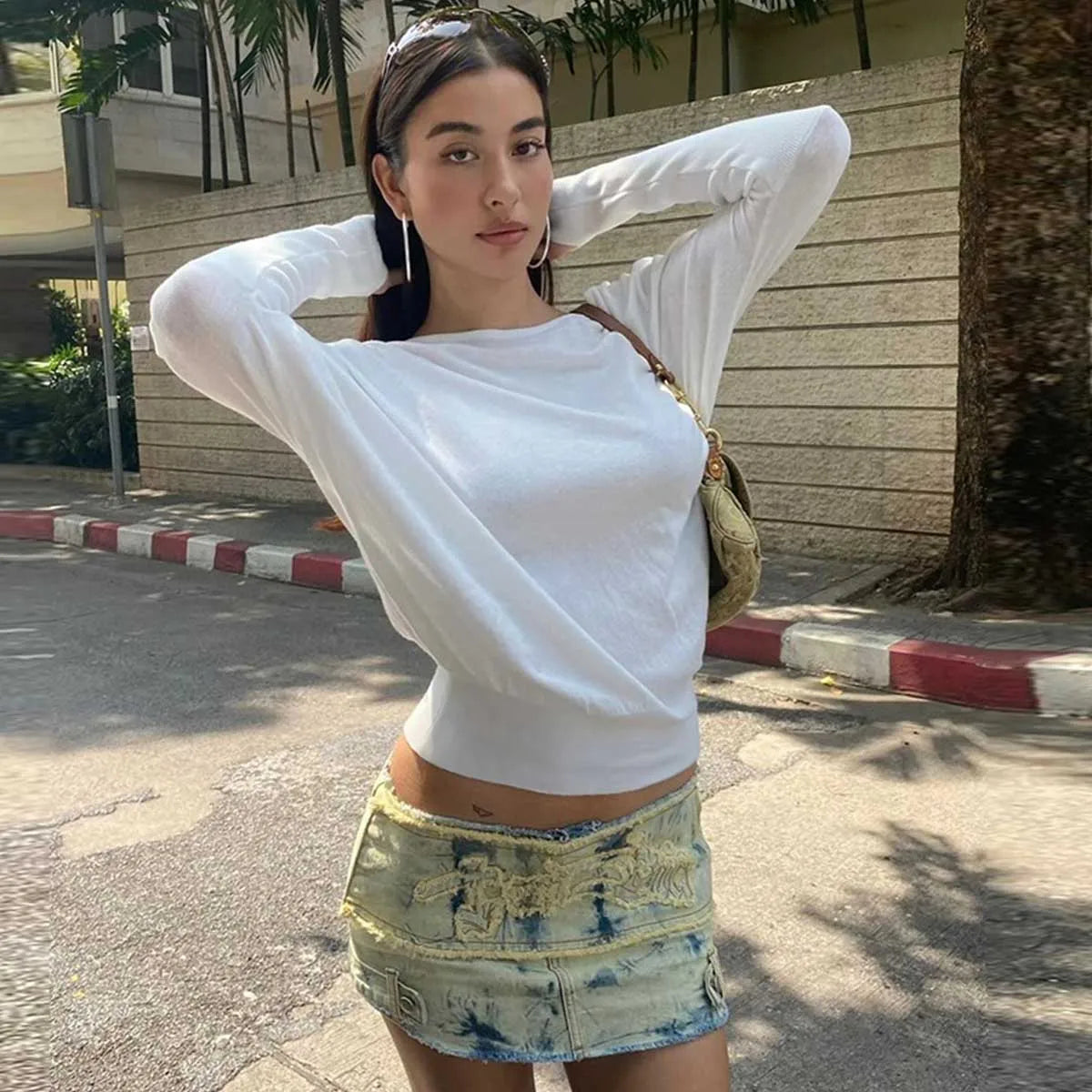 Sexy Elegant Long Sleeves Top Irregular One Shoulder Women Tops T Shirt Birthday Party Club Date Casual Office Clothes