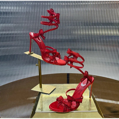 Luxury Rhinestones Mesh Bowknot Snake Coiled Women Gladiator Sandals Sexy Narrow band Thin High heels Summer Wedding Party Shoes