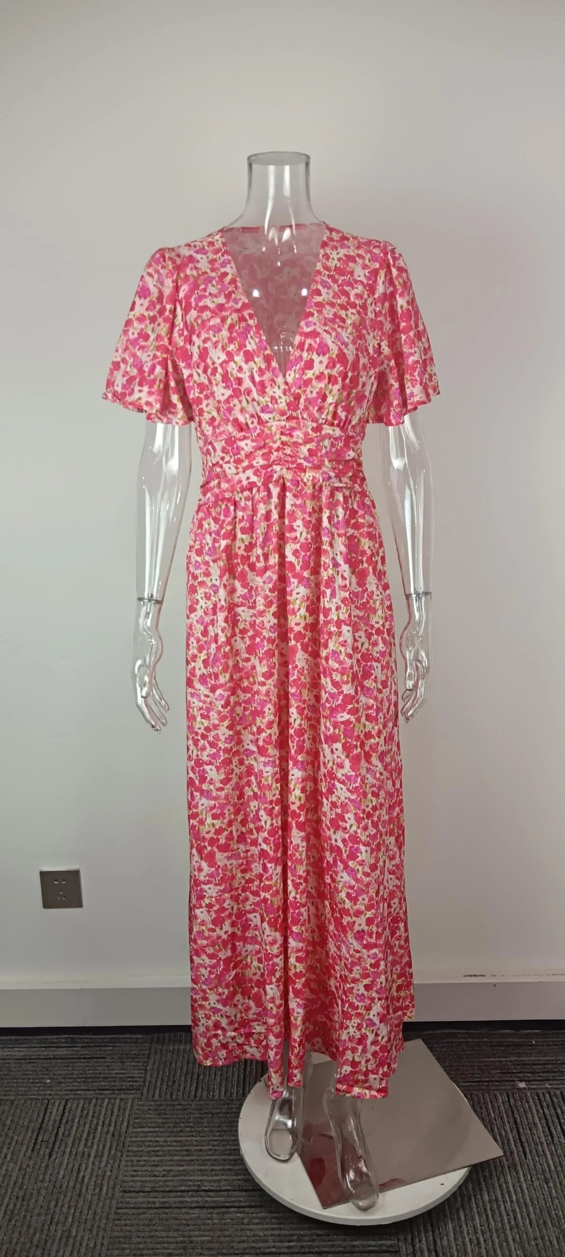 Summer Women Floral Print Casual Long Dress Fashion V Neck Short Sleeve Elegant Office Female Beach Party Maxi Dresses Robe
