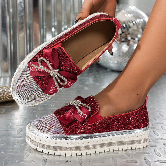 Women Sneakers 2025 New Luxury Crystals Bowknot Loafers Sequined Flat Platform Shoes Couple Fashion Plus Size Sneakers Women