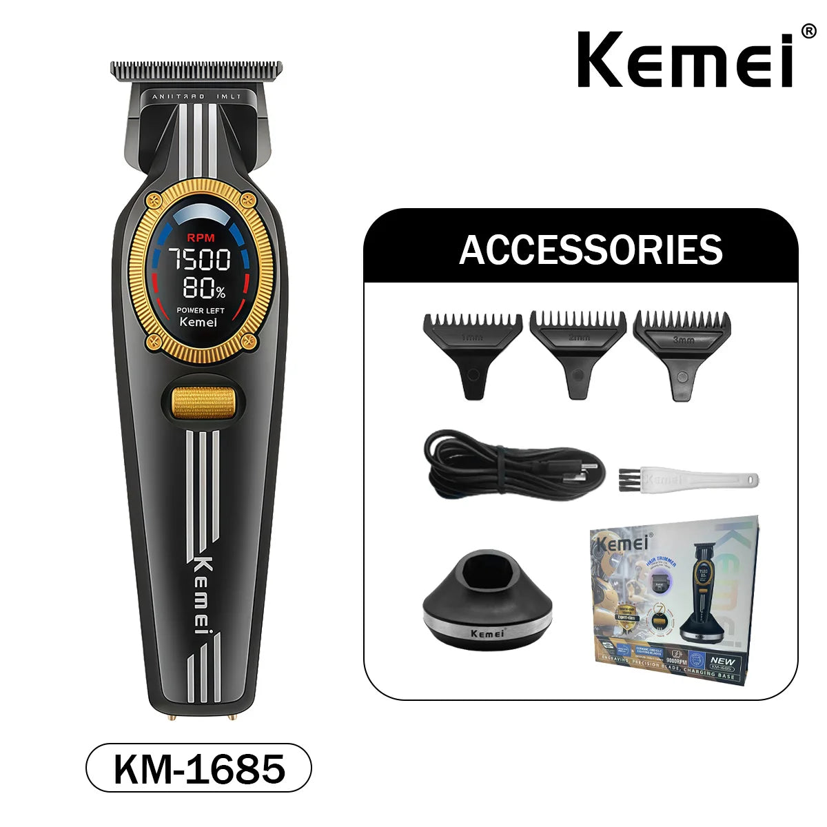Kemei Trimmer Professional Hair Clippers Rechargeable Clippers 9000 RPM DLC Blade LCD Display Trimmer for Men KM-1685 KM-1692
