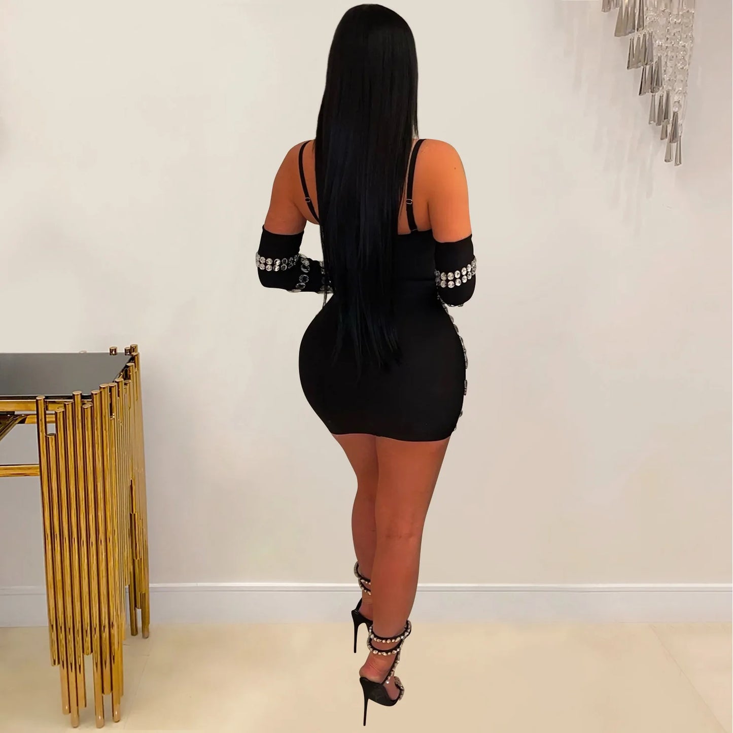 GLCMYAYA Women Diamonds Hot Rhinestones Crystal Spaghetti Strap Birthday Bodycon Midi Dress Sexy Party Even Dresses Vestidos