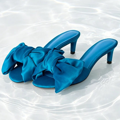 Fashion Satin Bow Detail Mules Sandals Women High-quality Open-Toe Kitten-Heel Slippers for Ladies Luxury Brand Designer Shoes