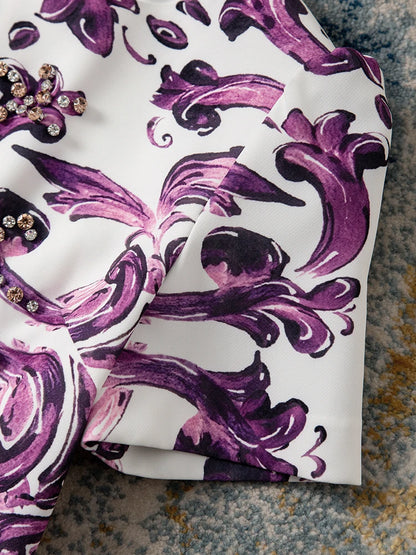 Women Purple Blue and White Porcelain Print Dress Beaded Short Sleeve Loose Straight Summer Casual Midi Dress 2026