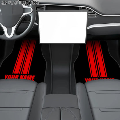 Custom 4pcs Car Floor Mats With Personalized Name/Text - Red Vertical Stripes On Black, All-Season Durable Polyester Auto Liners