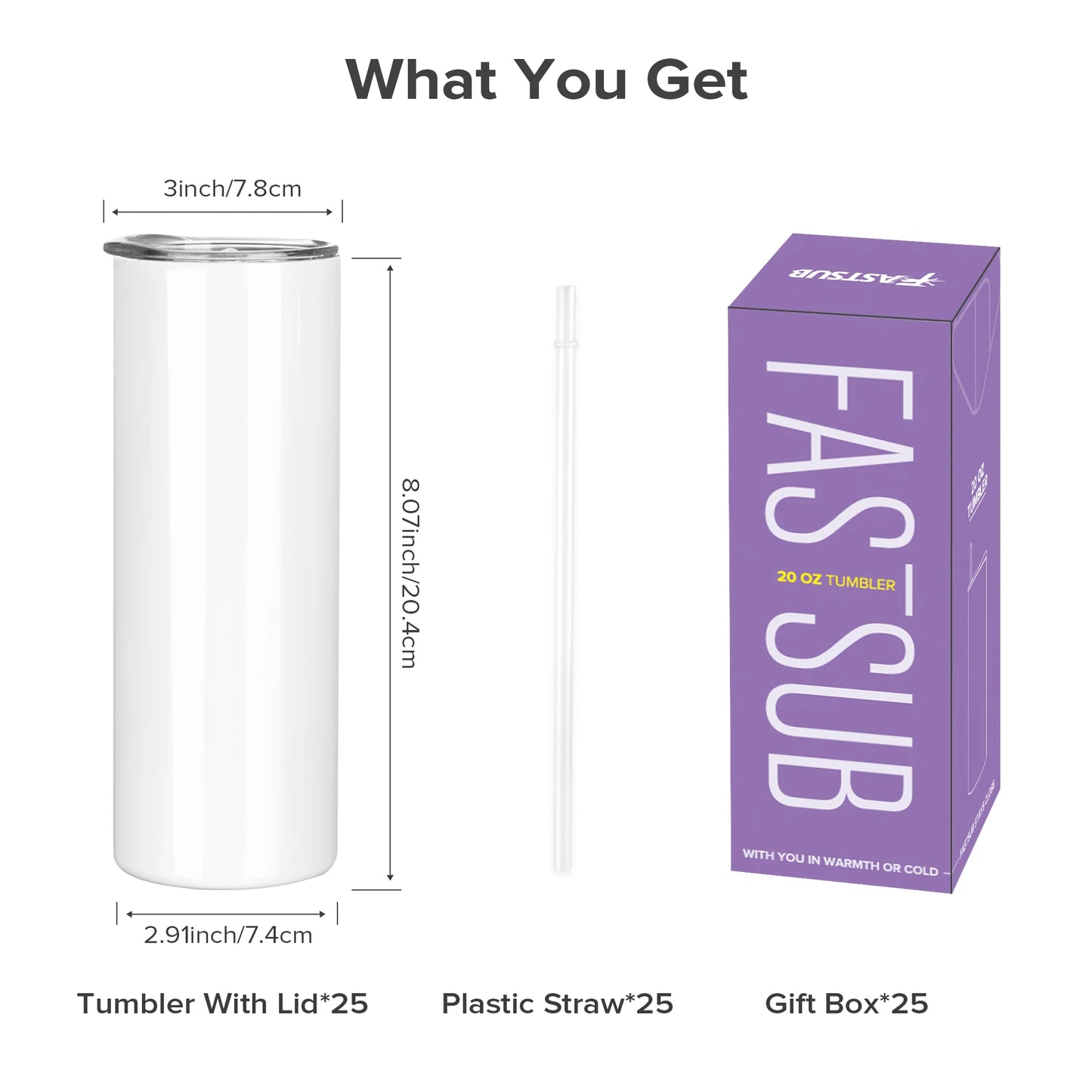 Sublimation Tumblers Blanks 20 oz 25 Pack Skinny Straight Tumblers Bulk Stainless Steel Insulated Sublimation Cups with Lid and