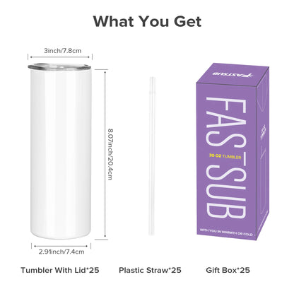 Sublimation Tumblers Blanks 20 oz 25 Pack Skinny Straight Tumblers Bulk Stainless Steel Insulated Sublimation Cups with Lid and