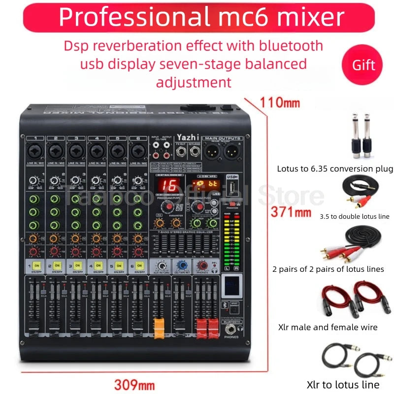 4/6/8/12 Channel Audio Mixer 5.0 Bluetooth 48V Phantom Power DSP Mixing Console 7 Band EQ Sound Box XLR/USB/TRS For Karaoke DJ