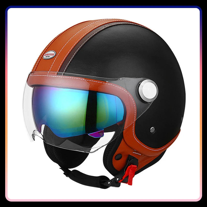 DOT Open Face Motorcycle Helmets Double Visor Retro Jet Helmet Leather Vintage Men Women 3/4 Open Half Helmet with Inner Lens