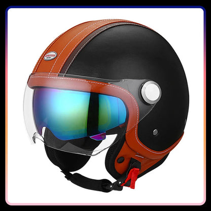 DOT Open Face Motorcycle Helmets Double Visor Retro Jet Helmet Leather Vintage Men Women 3/4 Open Half Helmet with Inner Lens