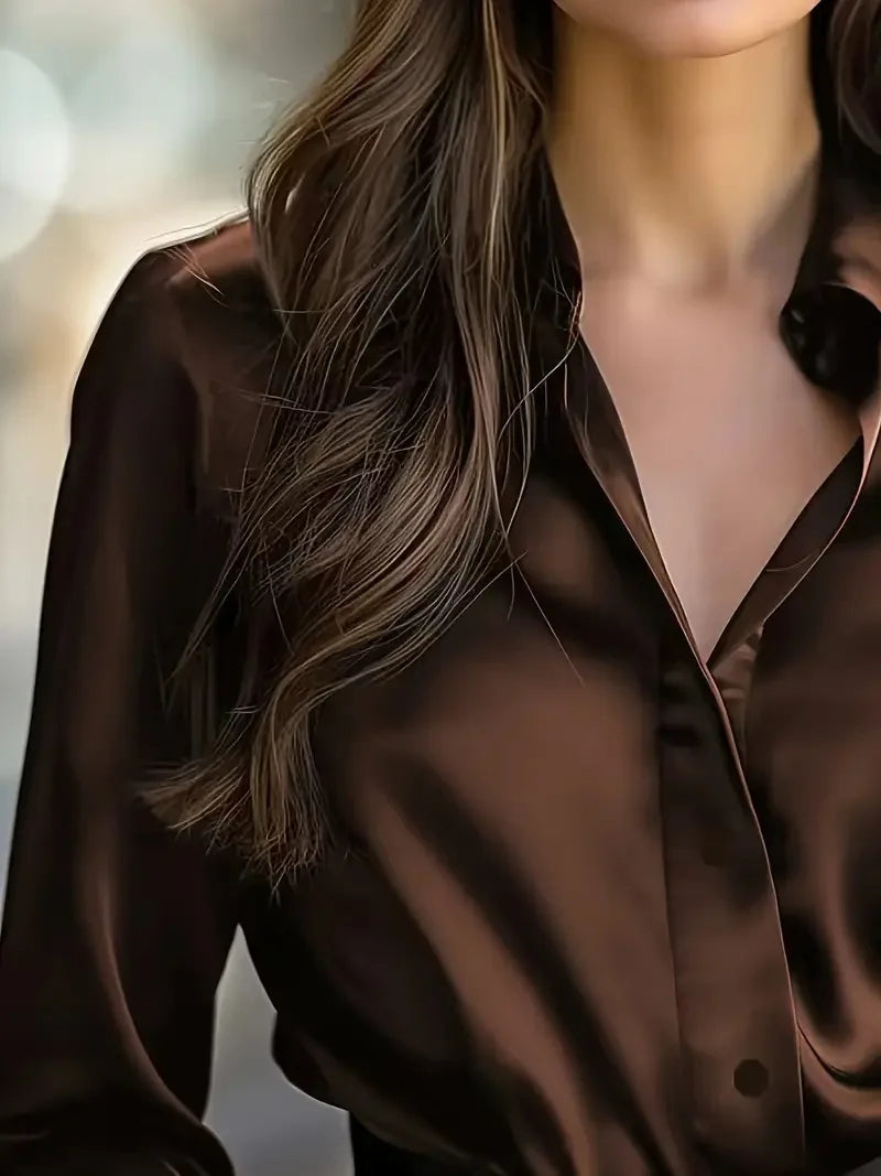 2025 Spring and Autumn Women's Lapel Shirt Brown Button Cardigan Top Black Elegant Fashion Office Basic Blouses for Female