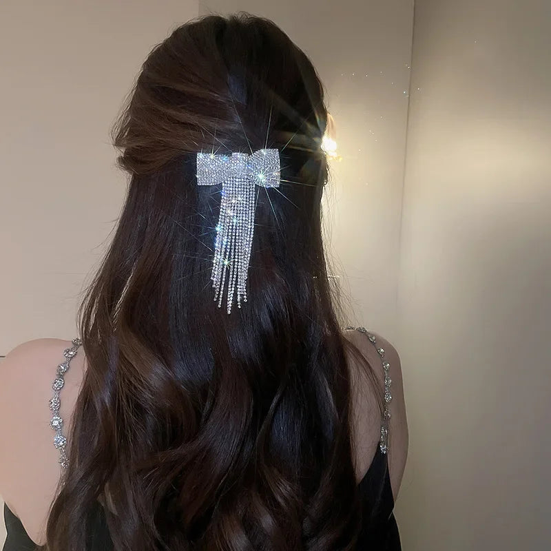 Rhinestone Bow Fringe Hairpin for Women Fashion Temperament Hair Clip Korean Light Luxury Hair Accessories Gold Silver Color