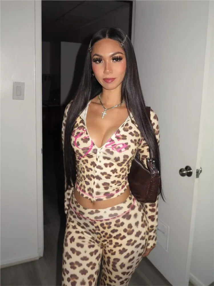 Ropa Y2k Mujer Leopard Print Long Pants Sets Women Fashion Slim Short Cardigan Tight Trousers Two Piece Set Female Streetwear