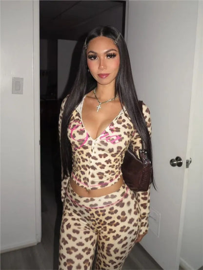 Ropa Y2k Mujer Leopard Print Long Pants Sets Women Fashion Slim Short Cardigan Tight Trousers Two Piece Set Female Streetwear