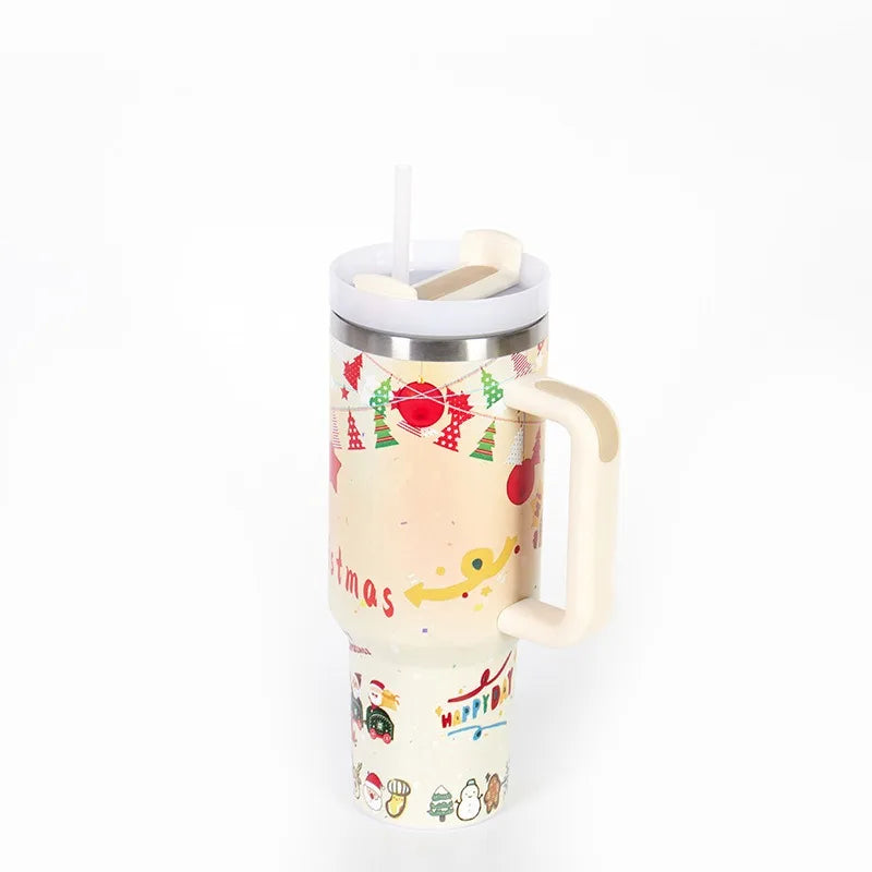 40oz Thermos Bottles Stainless Steel Christmas Series Insulated Water Bottle with Handle/straw Car Ice King Cup Christmas Gift