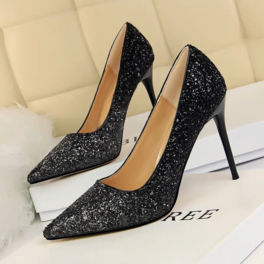 Women Luxury Bling Red  Blue Valentine Party Scarpins Pumps Lady Glitter Sequins 7cm 9.5cm High Heels Designer Shoes Plus Size