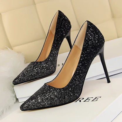 Women Luxury Bling Red  Blue Valentine Party Scarpins Pumps Lady Glitter Sequins 7cm 9.5cm High Heels Designer Shoes Plus Size
