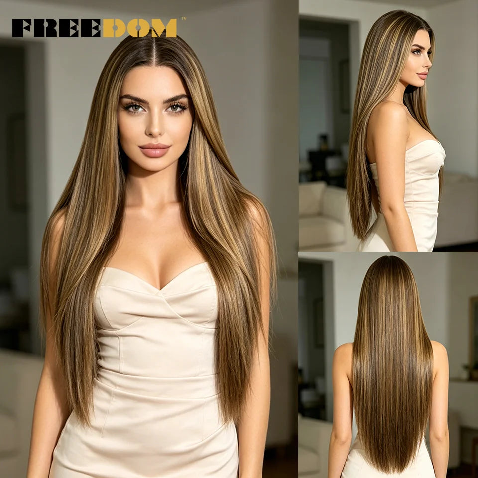 FREEDOM 13X4 Pre Plucked Synthetic Lace Front Wigs For Black Women Natural Hairline Straight 30 Inch Ombre Brown Wig Daily Use