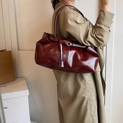 Women's Vintage Glossy Oil Wax Leather Tote Bag Buckle Casual Shoulder Handbag Elegant Work Bag for Daily Commute Top-handle Sac