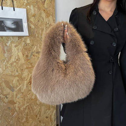 Winter Shoulder Bags Casual Furry for Women Solid Color Soft Plush Ladies Clutch Purse Handbags Lightweight Female Hobos Bag