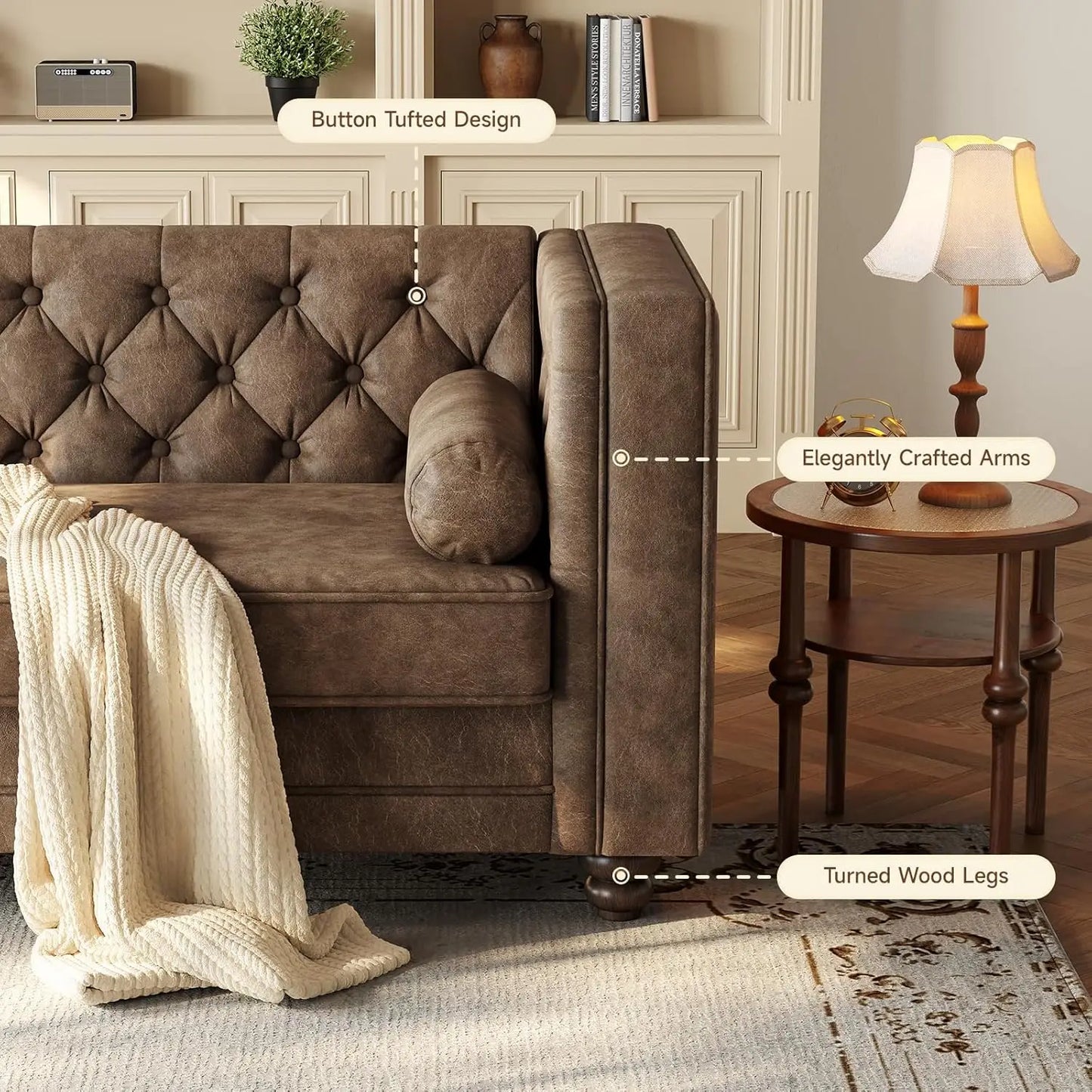 79'' Chesterfield Sofa for Living Room, Comfy Faux Leather Button-Tufted Couch with 2 Bolster Pillows and Wood, Customized