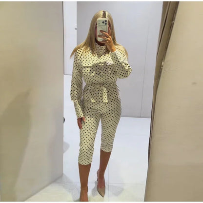 Fashion Polka Dot Cropped Pants Set For Women Y2K Stand Collar Lace Up Jacket High Waist Capri Pants Lady Street 2 Pieces Outfit