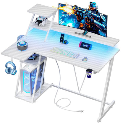 39 Inch Gaming Desk with LED Lights & Power Outlet, Small Gaming Computer Desk with Storage Shelves, L Shaped Gamer, Customized