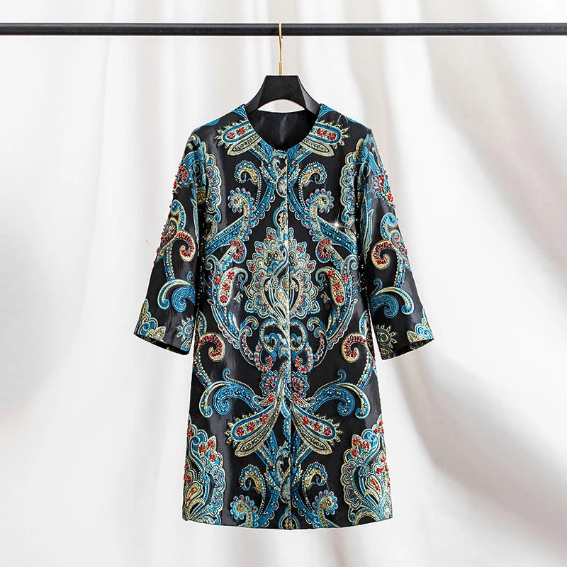 Elegant Embroidered Jacquard Trench Coat for Women 2025 | Round Neck Mid-Length Jacket | European Style Spring Fall Outerwear