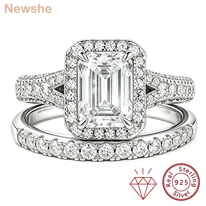 Newshe Women's Stackable VVS1 Moissanite Wedding Ring Set GRA Certified Halo Emerald Cut 925 Sterling Silver Bridal Rings