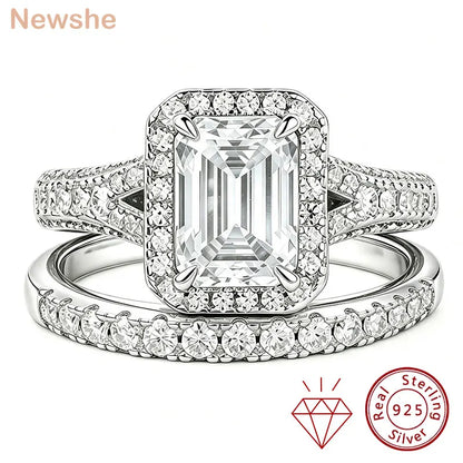 Newshe Women's Stackable VVS1 Moissanite Wedding Ring Set GRA Certified Halo Emerald Cut 925 Sterling Silver Bridal Rings