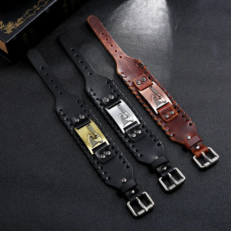 Trendy Wide Edition Leather Woven Rune Viking Tomahawk Bracelet Charm Man Bracelet New Fashion Hip Hop Punk Jewelry Accessories