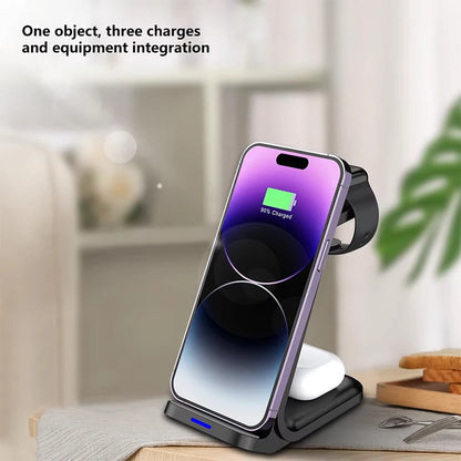 3 In 1 Magnetic Wireless Charger Stand For iPhone 16 15 14 13 Pro Max Apple Watch 9 8 AirPods Fast Charging For Samsung Xiaomi