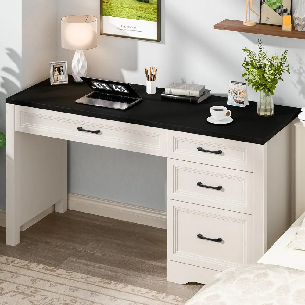 Rustic Executive Home Office Desk with Storage and Spacious File Drawer, Large Writing Desk for Bedroom in Black