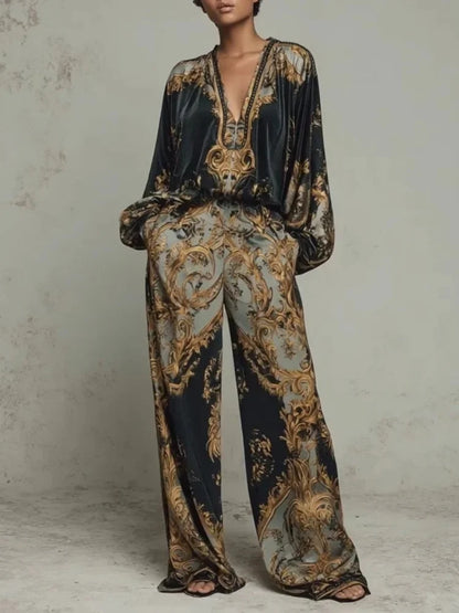 Retro Pattern Printed 2 Pieces Set for Woman Sexy Deep V Neck Top Blouses Elegant Outfit 2026 Spring Fall Wide Leg Trousers Suit