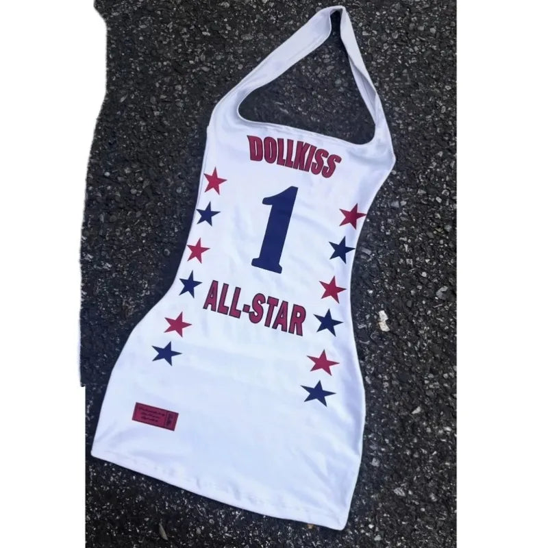 Harajuku letter printing vintage halter neck suspender sleeveless T-shirt women summer casual sporty sexy hot girl vest pack top