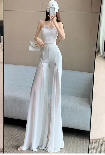 White mesh fishtail flared pants women summer thin design high waist hanging feeling elegant chiffon wide leg casual pants