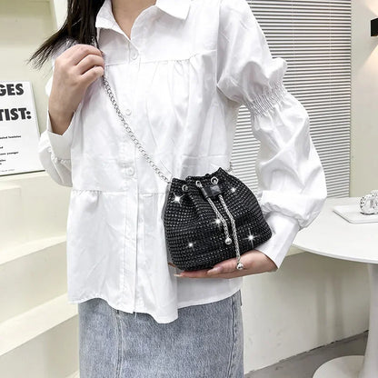 Sparkling Rhinestone Embellished Drawstring Crossbody Bag for Women Multi-Functional Bucket Purse with Detachable Chain Strap