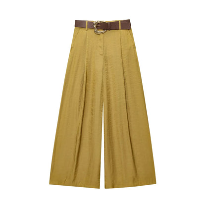 UNIZERA Leopard Satin with Belt High Waisted Trousers Wide Leg Pants Women's Clothing 2025 Summer New Arrivals Casual Pants
