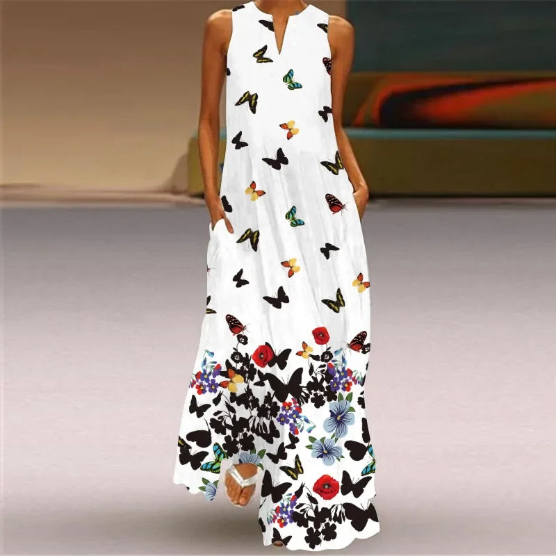 Fashionable V-Neck Sleeveless Long Digital Print Dress with Pocket Summer Sexy XL Women's Clothing Loose Waist Ankle-Length
