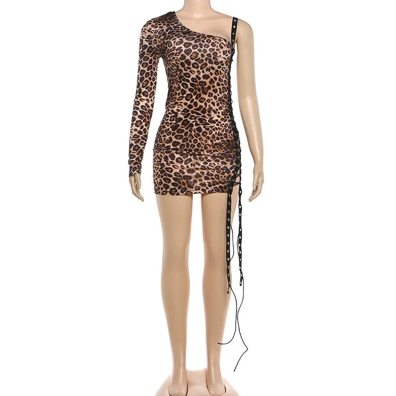 FAGADOER Spring New Sexy Leopard Print Dresses Woman Off-shoulder Backless Bandage Patchwork Dress Female Streetwear Vestidos